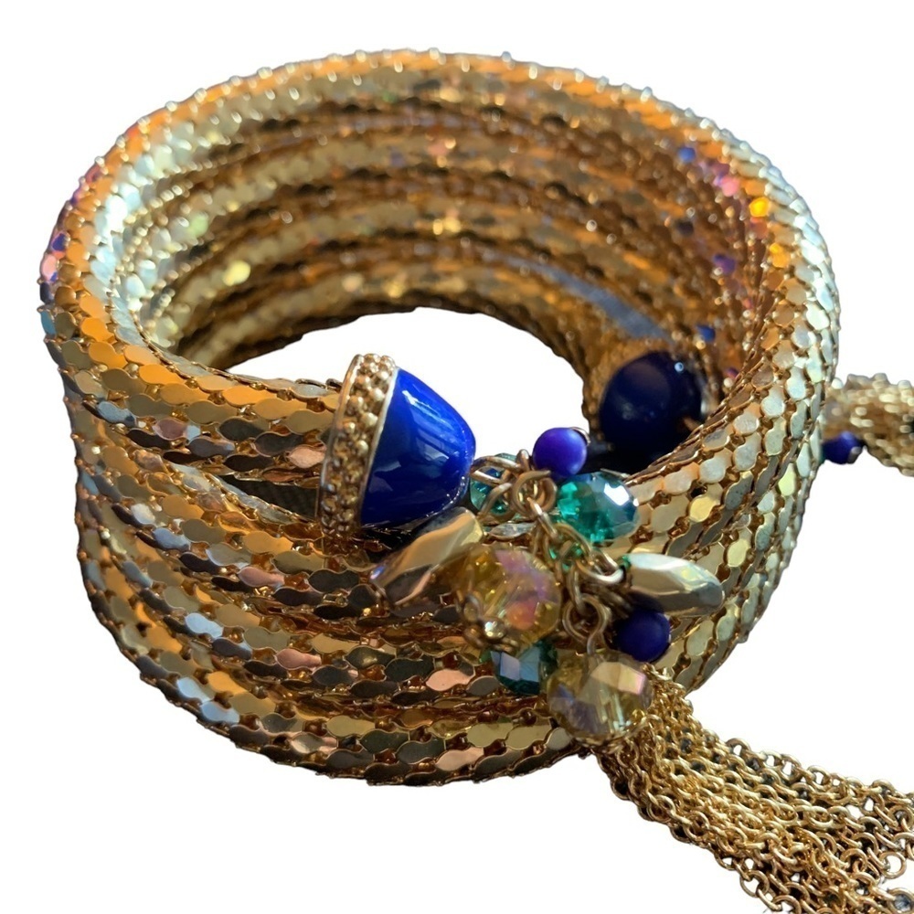 Vintage 90s Goldtone Coil Bracket Rhinestones Blue Gold Womens 75$
